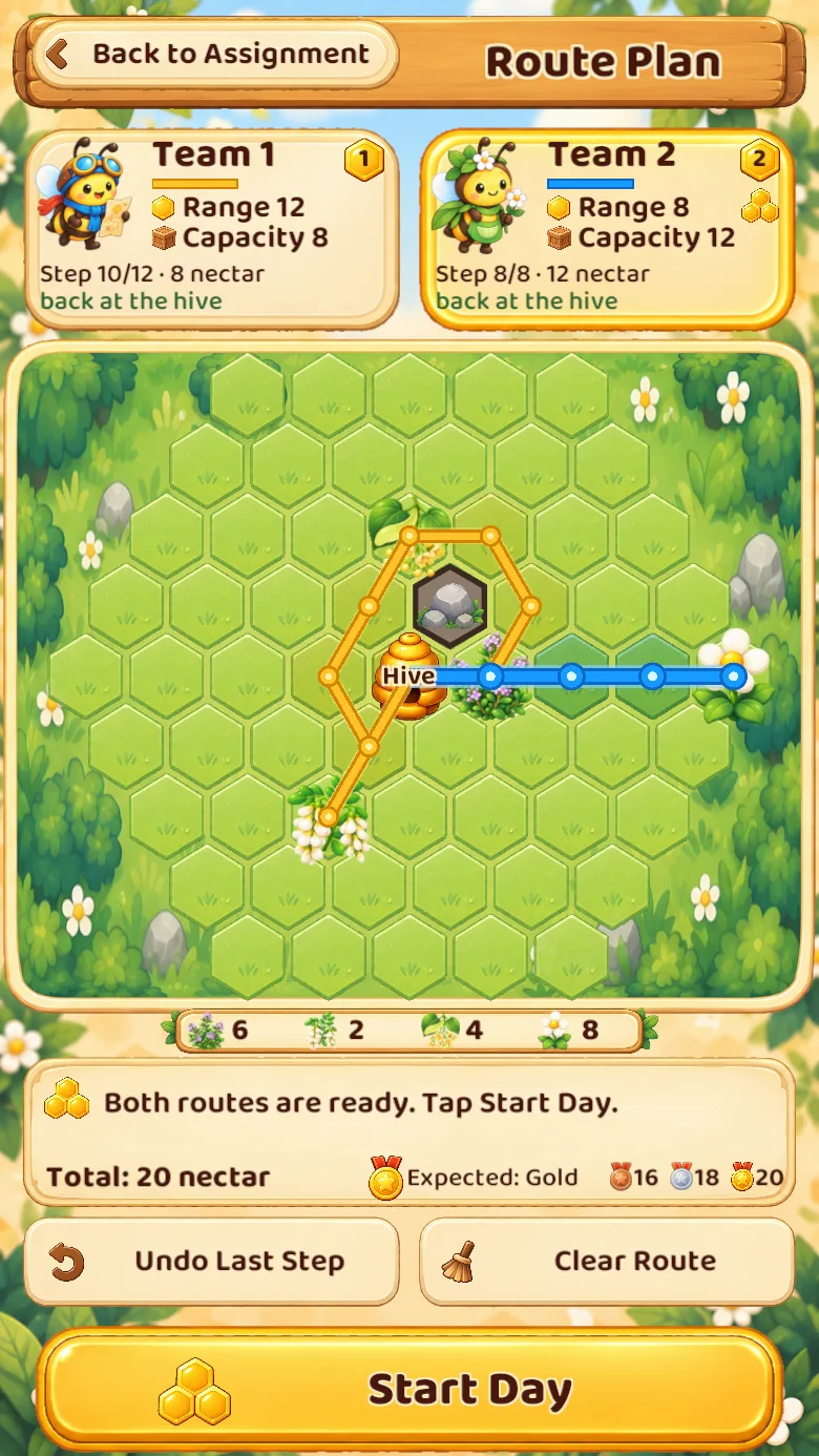 Honeycomb Trails route-planning screen with two colored paths across the meadow
